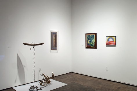 Installation photograph of JUXTAPOSED: The Art of Curation with works by Nathan Huff, Ron Robertson, Angela Perko and Maria Rendon