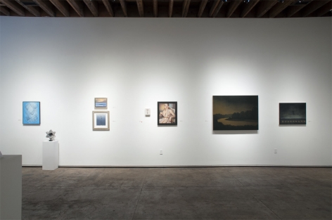 Installation photograph of JUXTAPOSED: The Art of Curation with works by Oskar Fischinger, Ken Bortolazzo, Hank Pitcher, Joseph Goldyne, Leslie Lewis Sigler, Betty Lane, Chris Peters, and Natalie Arnoldi