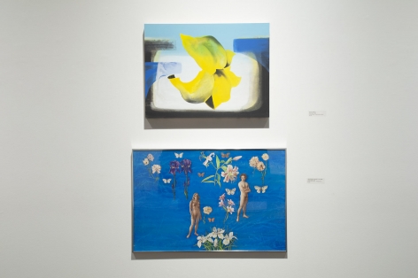 Installation photograph of JUXTAPOSED: The Art of Curation with works by Maria Rendon and Jean Swiggett