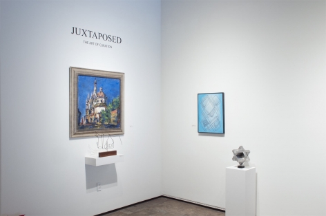 Installation photograph of JUXTAPOSED: The Art of Curation with works by Dan Lutz, Sidney Gordin, Oskar Fischinger, and Ken Bortolazzo