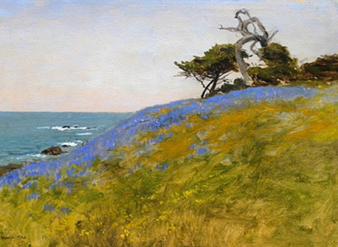 LOCKWOOD DE FOREST (1850-1932), Poppies and Lupine on Windswept Monterey Coast (Carmel), May 3, 1920.