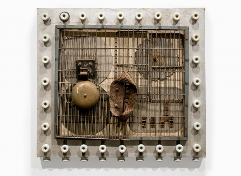 JOHN BERNHARDT (1921-1963), Assemblage with Insulators, Ringer and Saw, c. 1960-1963