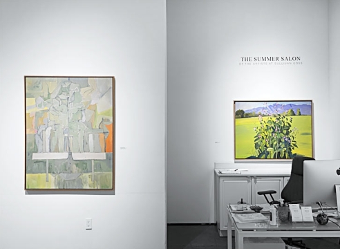 Installation photograph of The Summer Salon, 2022 with works by Edgar Ewing and Hank Pitcher
