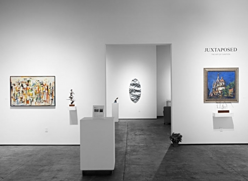 Installation photograph of JUXTAPOSED: The Art of Curation with works by Wosene Worke Kosrof, Sidney Gordin, and Dan Lutz, with Alex Rasmussen in the background