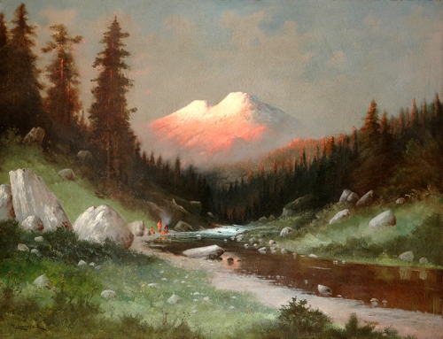 Indian Encampment Along Sacramento River Viewing Mt Shasta &amp;amp; Shastina, c. late 1880s

28 x 36 inches | oil on canvas