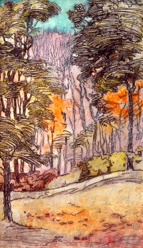 Eucalyptus Grove, c. 1915

30 x 14 inches&nbsp; |&nbsp; etched monotype (&quot;color etching&quot;)