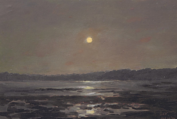 LOCKWOOD DE FOREST (1850-1932), Moonlight Over Rocky Shoreline, Oct. 26, 1874 as example painting for Architectural Digest on the night paintings of Lockwood de Forest in an opulent residence